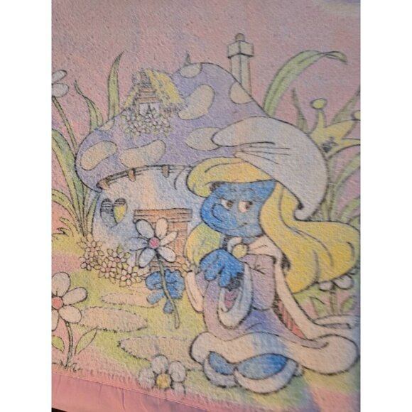 Vintage 80s The Smurfs Cartoon Pink Blanket Smurfette - Picture 6 of 12